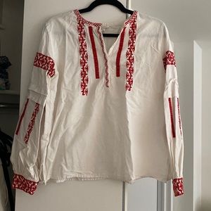 Club Monaco White Long Sleeve blouse with red embroidery size medium